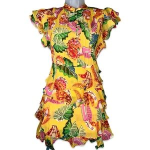 Farm Rio Beaks & Bananas Mini Dress Women's XS Ruffle Tiered Tropical Print NWT